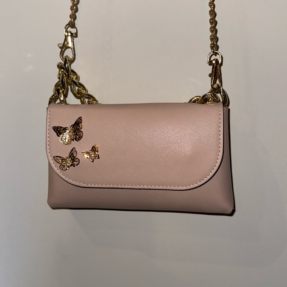 Aldo Pink and Gold Butterfly Purse, mini clutch, gold chain strap
